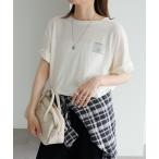 tシャツ ロゴ刺繍×フロッキープリント麻混Tシャツ レディース
