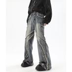 ショッピングフリンジ ジーンズ ダメージ加工切替デザインフリンジルーズデニムパンツ メンズ レディース