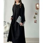 ワンピース 大人リラクシーで抜け感を。胸刺繍配色デザインヘンリーネックロングワンピース（長袖）