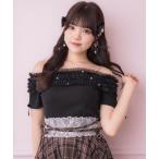 tシャツ チュールオフショルテレコリブトップス レディース
