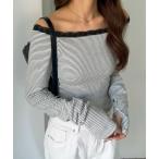 tシャツ レース切替ボーダーオフショルトップス レディース