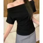 tシャツ オフショルダーカットソー サイドギャザー レディース