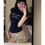 tシャツ 「 MEMECLE / メメクル 」ラインストーン ロゴ 半袖Tシャツ レディース