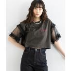 tシャツ 選べるショート&ロング丈/チュールスリーブロゴTシャツ レディース