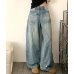 ショッピングダメージ ジーンズ デニム デニムパンツ ウォッシュ加工ダメージデザインワイドレッグジーンズ レディース