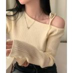 ニット セーター リボン付き オフショルダーリボン ワンオフショルダー 長袖 リブニット ニットトップス/セーター オフィスカジュアル きれいめカジュ