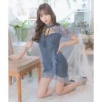 ドレス キャバドレス ミニ タイト 総レース ネックリボン  七分袖 バストカット ウエストベルト切替 谷間魅せ ドレス