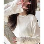 tシャツ 手元から華やぐ♪シーズンムード抜群、袖フラワーレース起毛トップス レディース