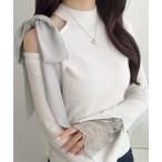 ショッピングセクシー ニット セーター 「mily bilet」大人フェミニンの主役トップス。肩シフォンリボン袖レース使いリブニット レディース