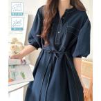 ワンピース 「UVカット・吸水速乾・防シワ機能付き」主役級！さらりと着られるシンプル派のためのノーカラー袖ボリューム ダブルポケットワンピース