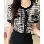 ニット セーター チェック柄サマーニット半袖トップス レディース