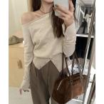 tシャツ ウエストボタンオフショルニットトップス レディース
