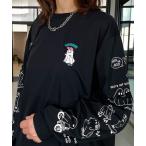 tシャツ 着やすいストレッチ レトロ ポップ 黒ネコ お化け 刺繍 ロンT 韓国ファッション レディース メンズ