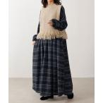 シャツワンピース ネル ウエスト切替 長袖ギャザーチェックワンピース ロング丈