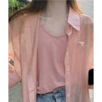 カーディガン シャツカーディガン フロントリボン刺しゅう 透け感 UV対策 サマーカーディガン レディース