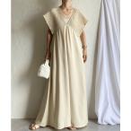 ワンピース 深Vネックバックリボンフレンチスリーブシャーリングロングワンピース