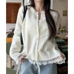 カーディガン パールボタン レースデザイン リボン ドローコード カーディガン レディース