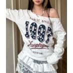 tシャツ 「2色展開」オフショル×星柄ロゴプリントロンT／Y2Kカジュアルトップス レディース