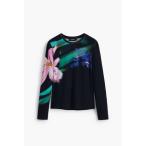 tシャツ 水彩画風フローラル長袖Tシャツ ブラック レディース