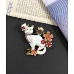 ブローチ 白猫と花のアンティークブローチ レディース