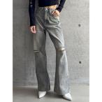 ジーンズ デニム デニムパンツ 「TINY」ハイウエストKNEEダメージワイドデニムパンツ レディース
