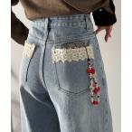 ショッピングデザイン ジーンズ デニム デニムパンツ 「mily bilet」うしろ姿までときめかせて。バックポケットレース使いアシンメトリーウエストデザインデニム（ワイド