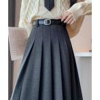 スカート 「25年秋冬新作」Aラインベルト付きウールライクプリーツロングスカート　シンプル　トレンド