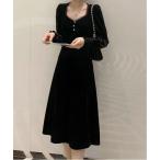 ワンピース 「25年秋冬新作」スクエアネックボタンベロアロングスリット入りフレアワンピース 結婚式　パーティー オケージョン