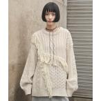 ニット セーター アシンメトリーフリンジケーブルニット レディース