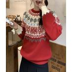 ニット セーター クルーネック ノルディック柄 長袖 ニット プルオーバー レディース