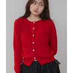 ショッピング赤 カーディガン ベーシックカーディガントップス/コンパクト クルーネック 長袖 無地 釦配色 ガーリー ノームコア カジュアル シンプル 韓国 ブラック