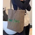 トートバッグ チェック柄 レターロゴ プリント キャンバストートバッグ/A4サイズ収納可能 レディース