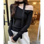 tシャツ チョーカー付き オフショルダー 長袖 無地 レディース