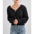 カーディガン AVネック パール スパンコール シャギー ニット カーディガン レディース