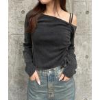 tシャツ リブ長袖ワンショルダートップス