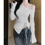 tシャツ ワンオフショルダーTシャツギャザー 長袖 レディース