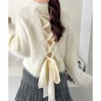 ニット セーター 「mily bilet」背中で惹きつける、大人の甘さ。バッグリボンレースアップ衿レースレイヤードニットプルオーバー レディース