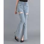 ジーンズ デニム デニムパンツ スリット入りカットアウトリボンフレアデニムパンツ レディース