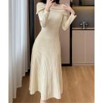 ショッピングオフショルダー ワンピース オフショルダー プリーツニットワンピース