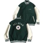 ショッピング革 スタジャン CONVERSE/コンバース オーバーサイズ フェイクメルトン/デニム フェイクレザースリーブ バック刺繍 スタジアムジャケット/スタジャ