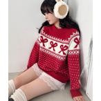 ショッピングリボン ニット セーター ラインリボンジャガードニットプルオーバー レディース