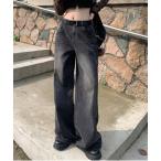 ショッピングau ジーンズ デニム デニムパンツ WEGO/ヴィンテージ風ワイドストレートデニムパンツ/ウォッシュデニム レディース