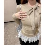 tシャツ リボンネックニット 裾レースカットソー秋 レディース