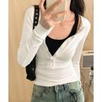 tシャツ ハーフボタンカットソー長袖タイトtシャツ レディース