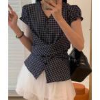 ブラウス シャツ クロスデザインギンガムチェックブラウス レディース