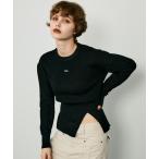 ショッピングパフスリーブ ニット セーター ロゴプレート付スリットパフスリーブトップス レディース