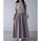 ワンピース ギャザー入りハイネックAラインワンピース