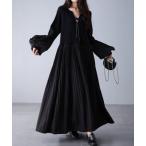 ワンピース 異素材プリーツ切替ニットワンピース