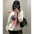 ショッピングオフショルダー tシャツ Y2K ビンテージフラグオフショルダー トレーナー 「25秋冬新作」 レディース
