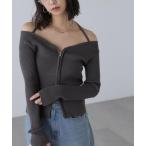 ニット セーター ジップアップオフショルダーリブニット レディース